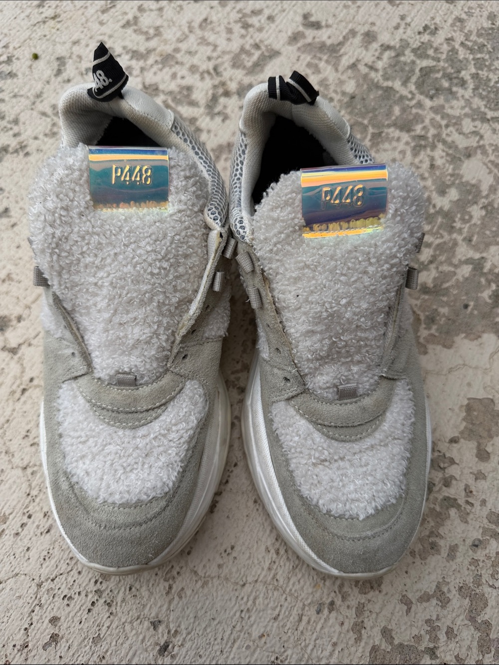 P448 White & Gray Sherpa-Trim Athletic Sneakers with Holographic Logo